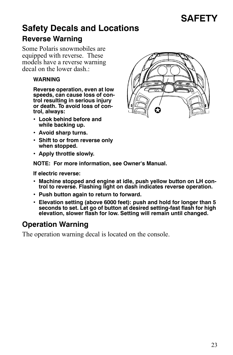 Safety, Safety decals and locations, Reverse warning | Operation warning | Polaris 2006 Edge Snowmobiles with 121 Track User Manual | Page 26 / 157