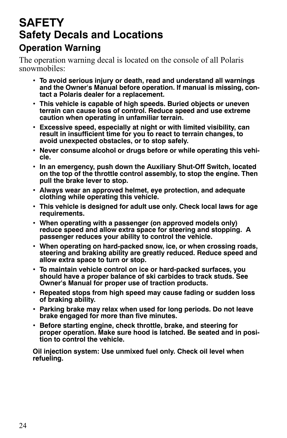Safety, Safety decals and locations, Operation warning | Polaris 2006 Edge Snowmobiles with 121 Track User Manual | Page 27 / 157