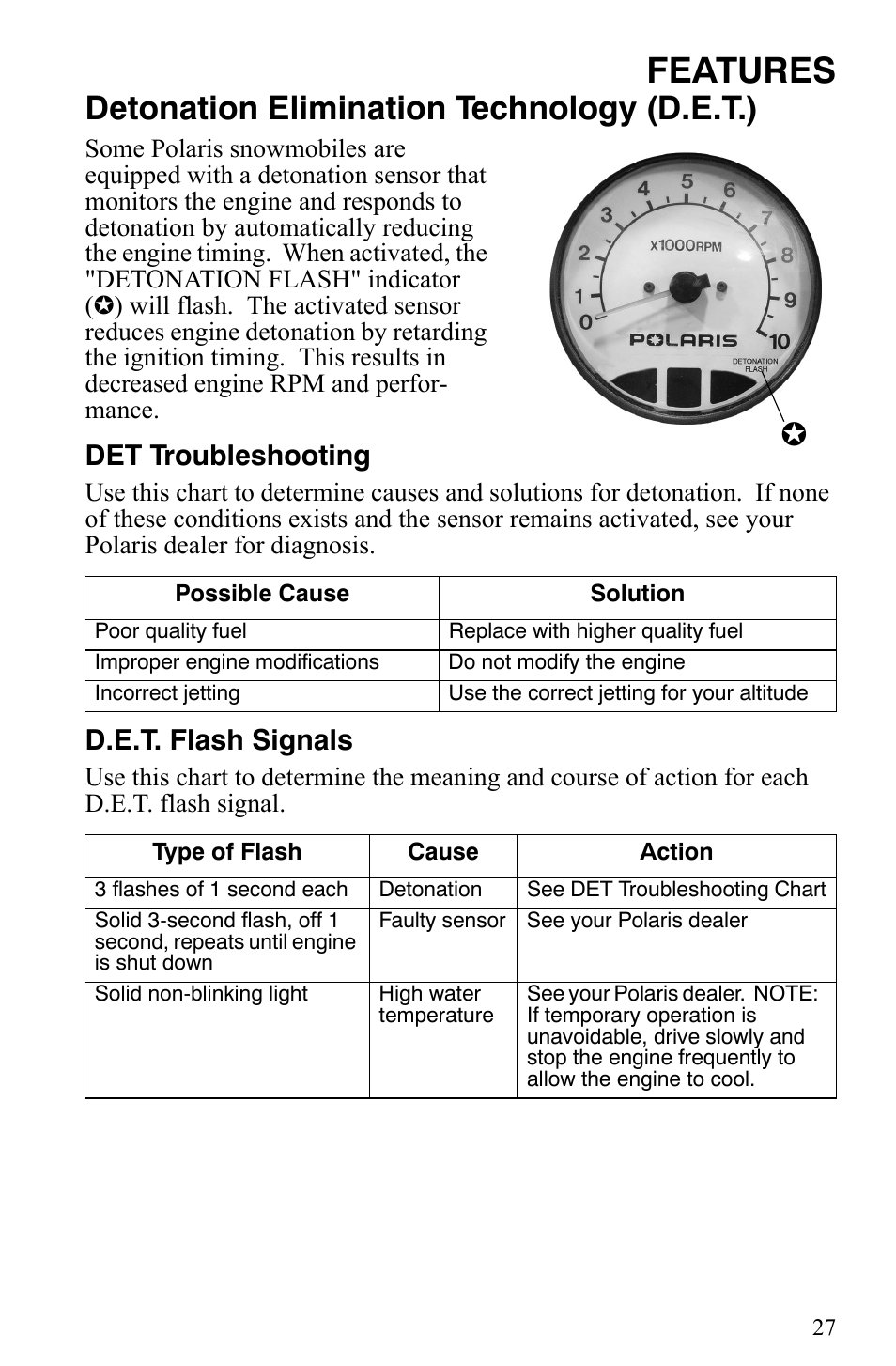 Features, Detonation elimination technology (d.e.t.), Det troubleshooting | D.e.t. flash signals | Polaris 2006 Edge Snowmobiles with 121 Track User Manual | Page 30 / 157