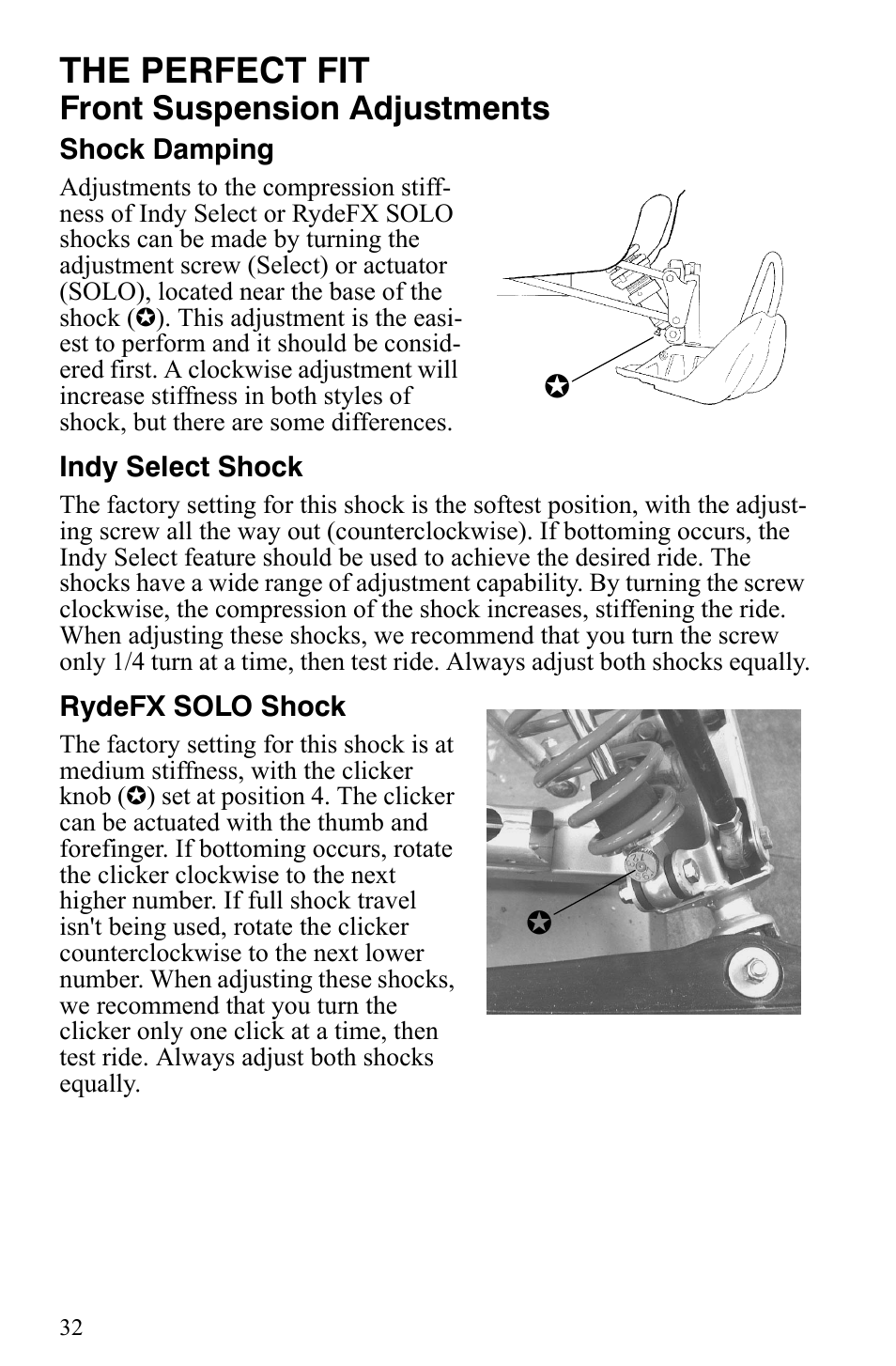 The perfect fit, Front suspension adjustments | Polaris 2006 Edge Snowmobiles with 121 Track User Manual | Page 35 / 157