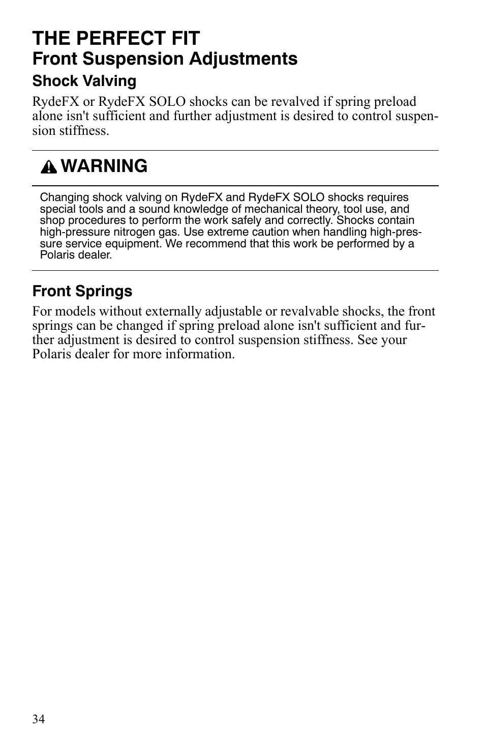 The perfect fit, Front suspension adjustments, Warning | Polaris 2006 Edge Snowmobiles with 121 Track User Manual | Page 37 / 157