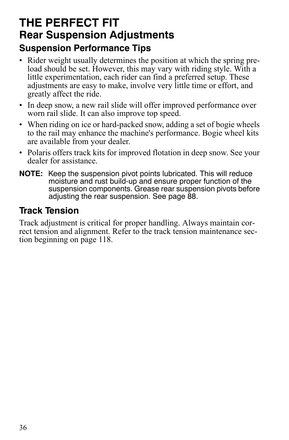 The perfect fit, Rear suspension adjustments | Polaris 2006 Edge Snowmobiles with 121 Track User Manual | Page 39 / 157