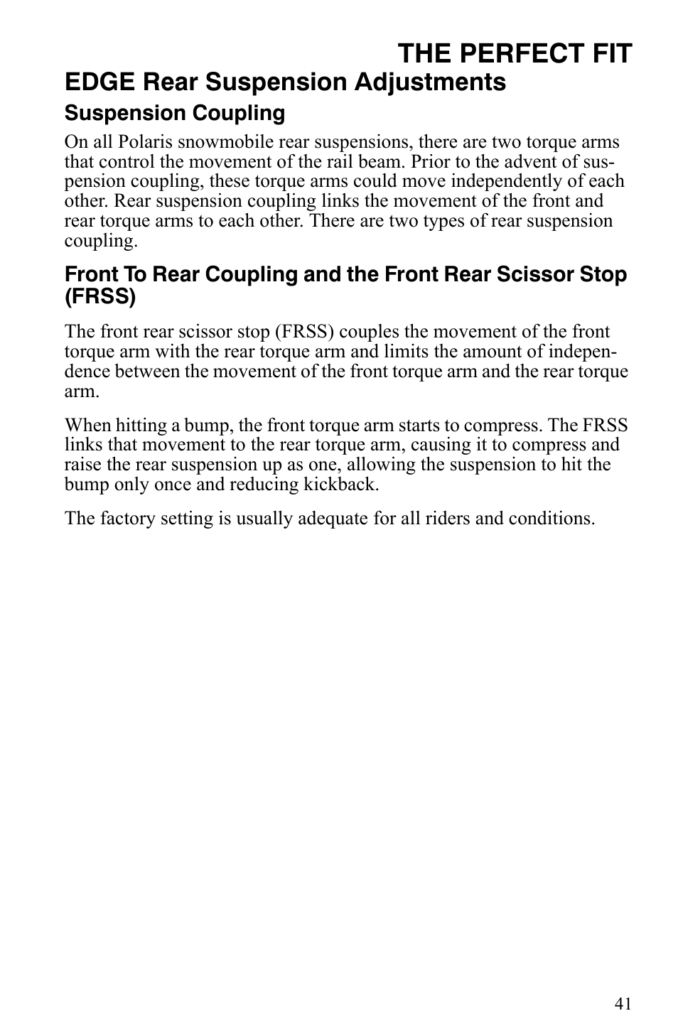 The perfect fit, Edge rear suspension adjustments | Polaris 2006 Edge Snowmobiles with 121 Track User Manual | Page 44 / 157