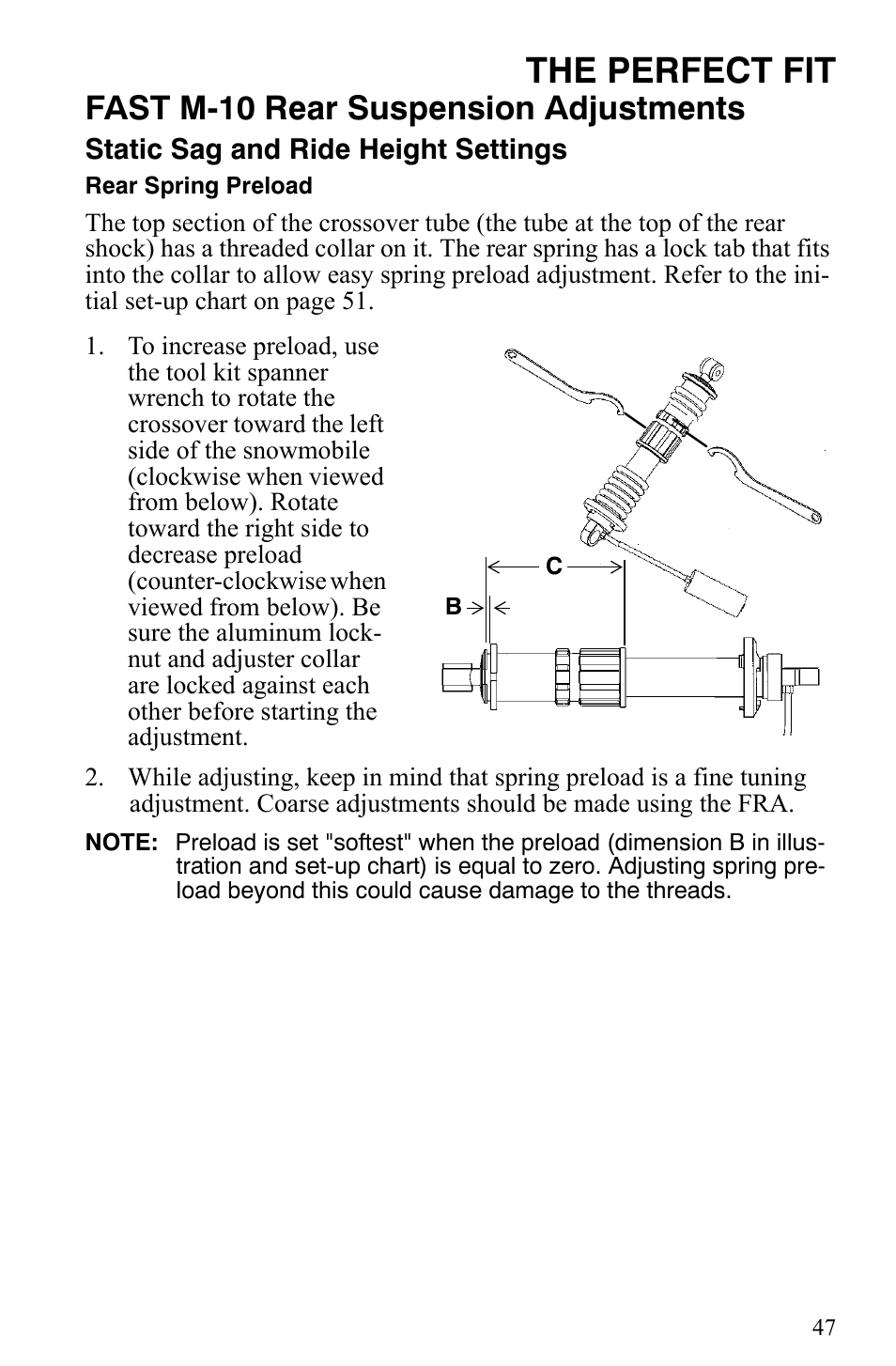 The perfect fit, Fast m-10 rear suspension adjustments | Polaris 2006 Edge Snowmobiles with 121 Track User Manual | Page 50 / 157