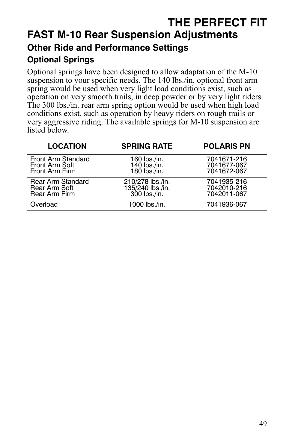 The perfect fit, Fast m-10 rear suspension adjustments, Other ride and performance settings | Polaris 2006 Edge Snowmobiles with 121 Track User Manual | Page 52 / 157