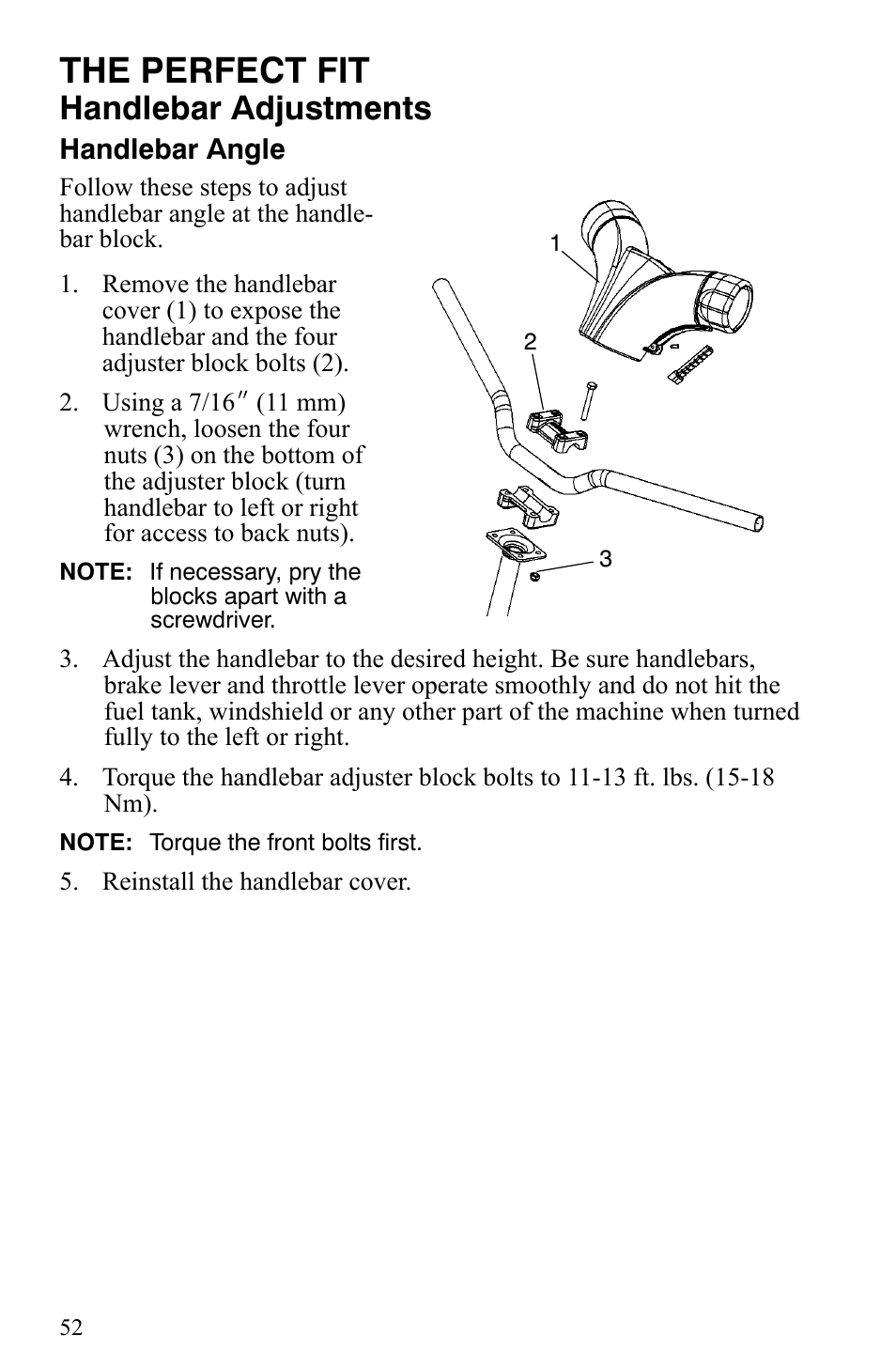 The perfect fit, Handlebar adjustments | Polaris 2006 Edge Snowmobiles with 121 Track User Manual | Page 55 / 157