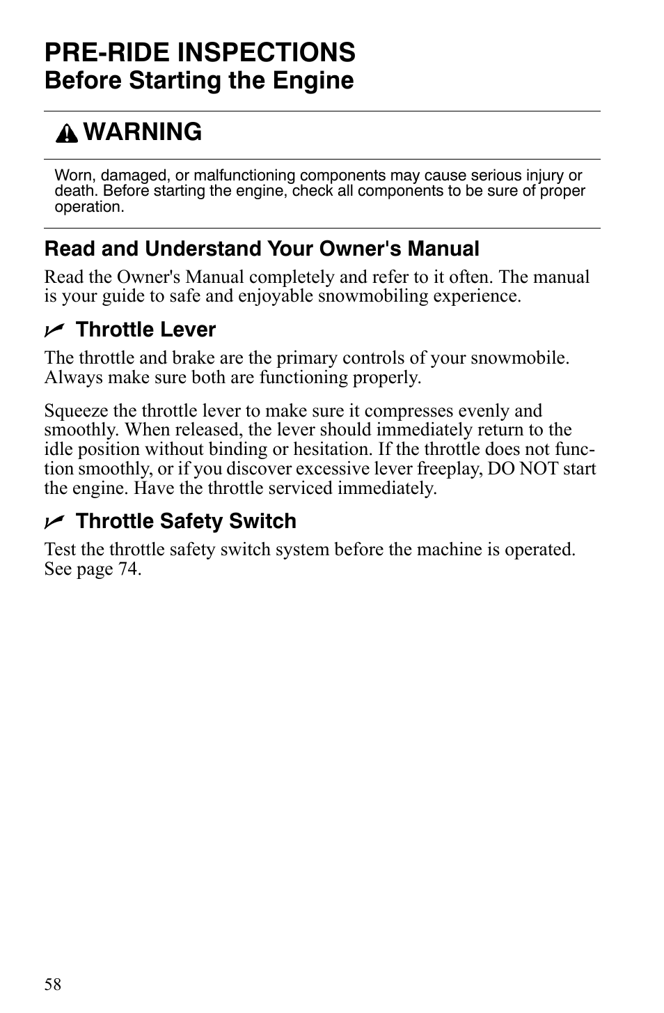 Pre-ride inspections, Before starting the engine, Warning | Polaris 2006 Edge Snowmobiles with 121 Track User Manual | Page 61 / 157