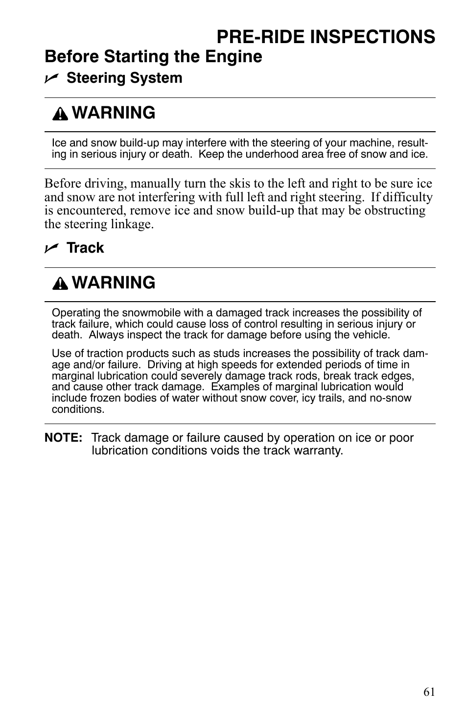 Pre-ride inspections, Before starting the engine, Warning | Polaris 2006 Edge Snowmobiles with 121 Track User Manual | Page 64 / 157