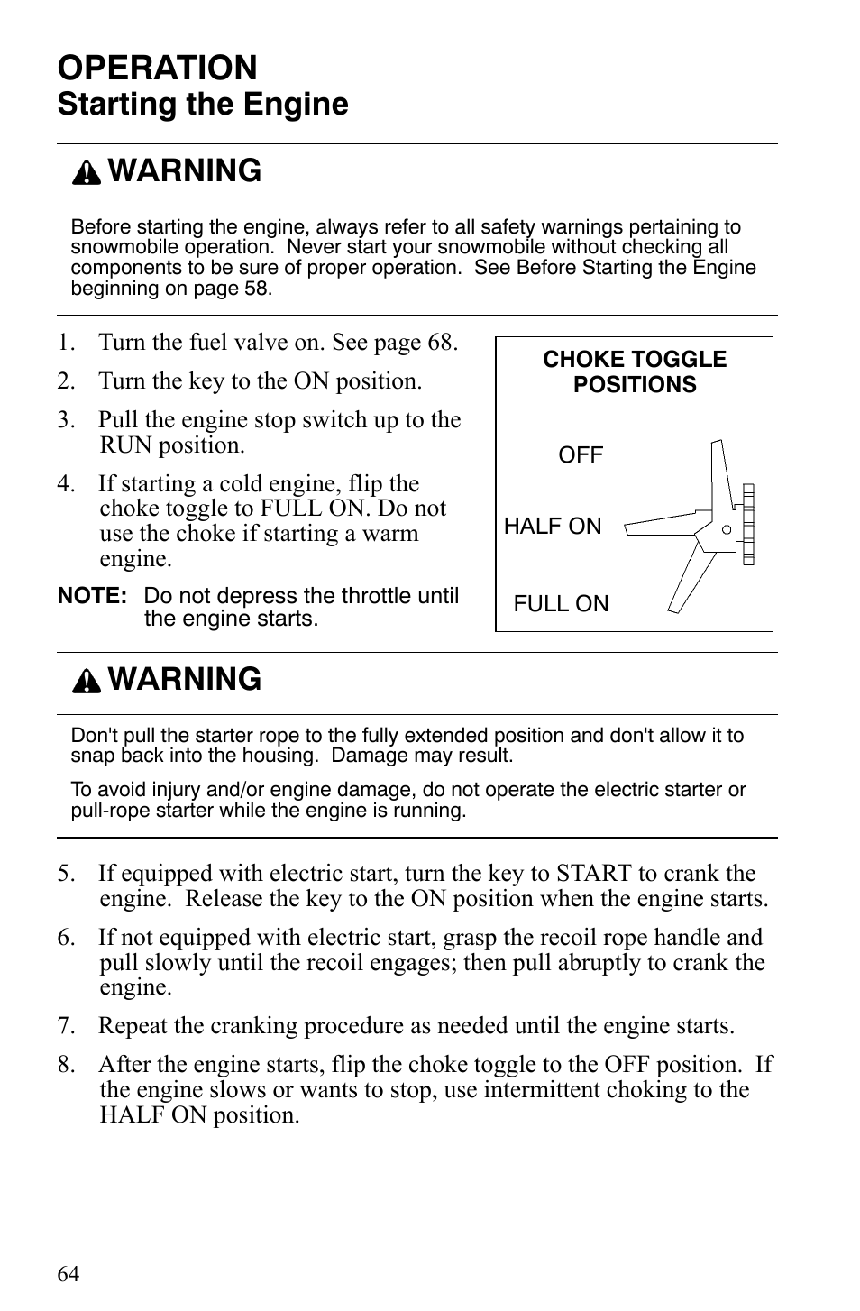 Operation, Starting the engine, Warning | Polaris 2006 Edge Snowmobiles with 121 Track User Manual | Page 67 / 157