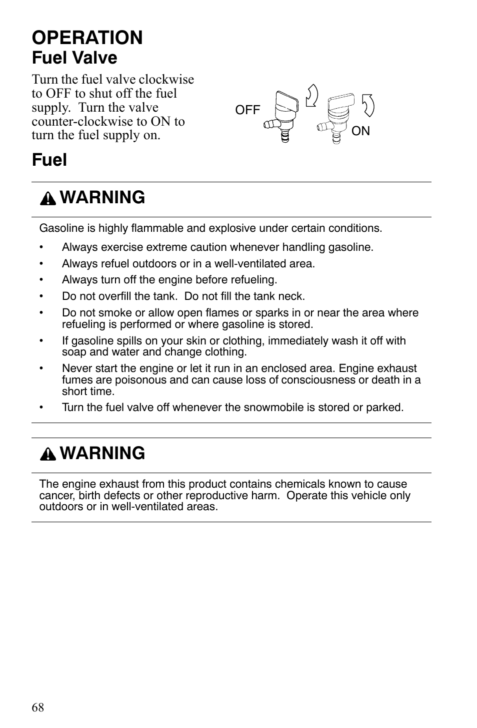 Operation, Fuel valve, Fuel warning | Warning | Polaris 2006 Edge Snowmobiles with 121 Track User Manual | Page 71 / 157