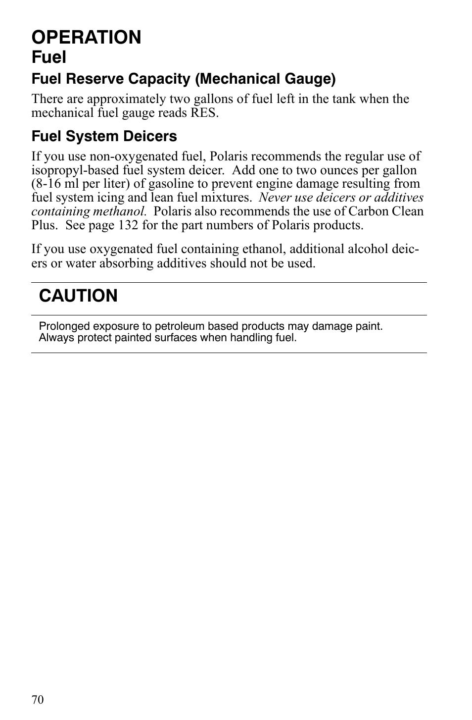 Operation, Fuel, Caution | Polaris 2006 Edge Snowmobiles with 121 Track User Manual | Page 73 / 157