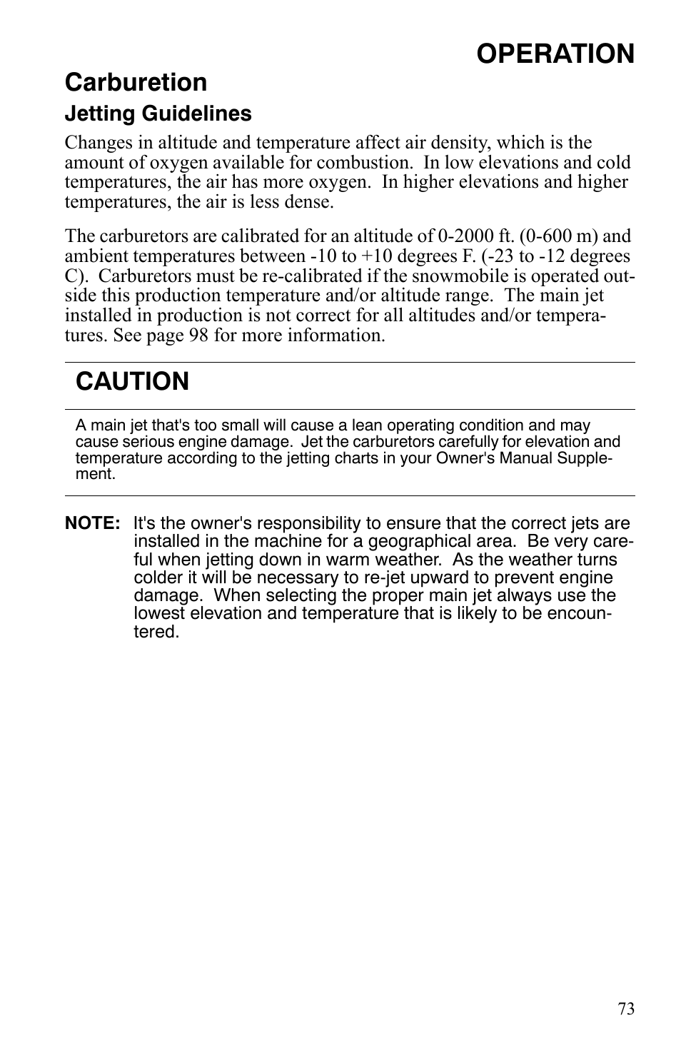 Operation, Carburetion, Caution | Polaris 2006 Edge Snowmobiles with 121 Track User Manual | Page 76 / 157