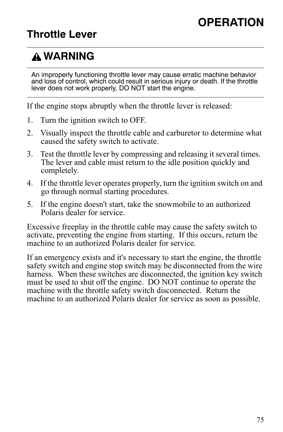 Operation, Throttle lever, Warning | Polaris 2006 Edge Snowmobiles with 121 Track User Manual | Page 78 / 157