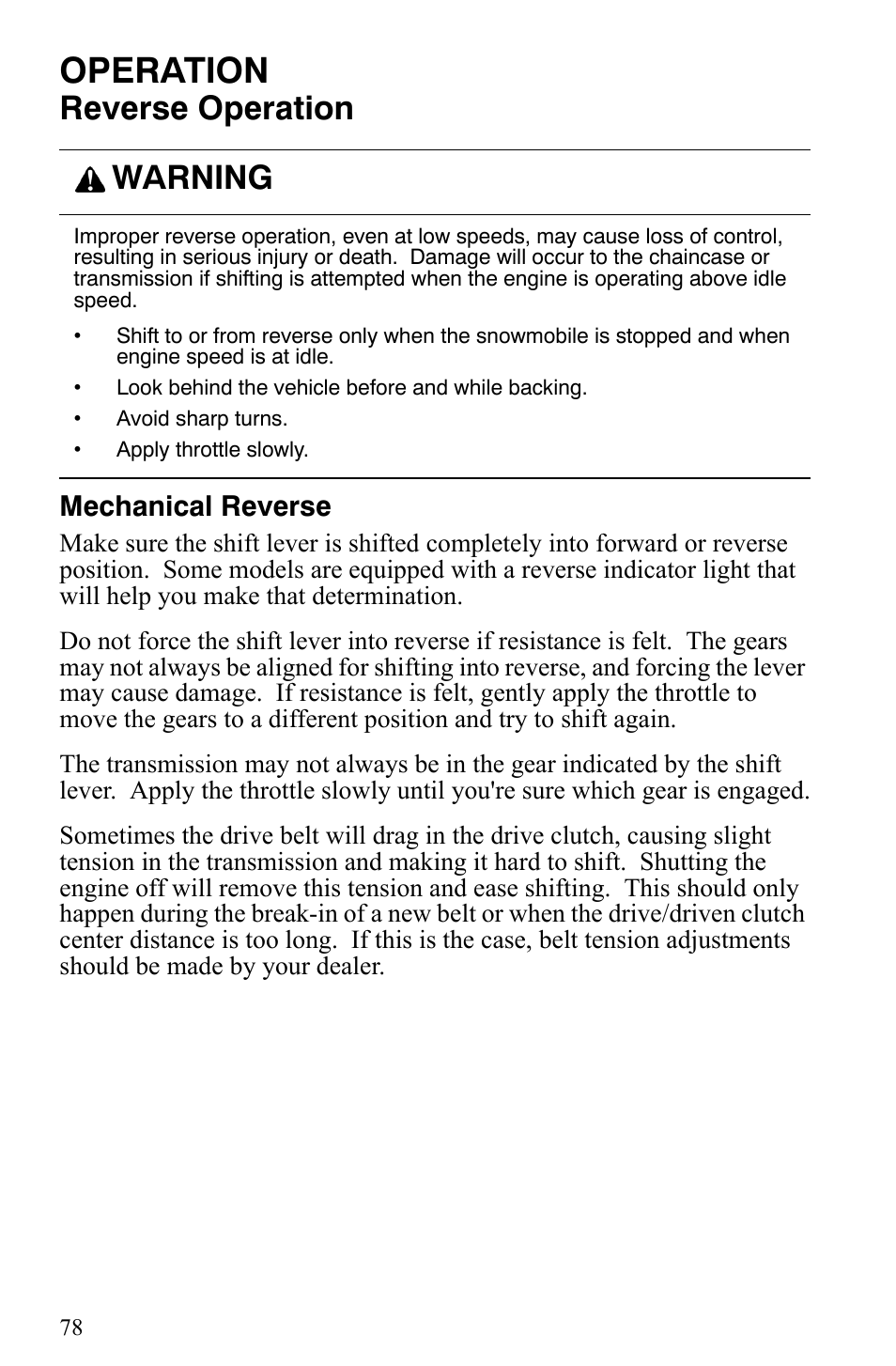 Operation, Reverse operation, Warning | Mechanical reverse | Polaris 2006 Edge Snowmobiles with 121 Track User Manual | Page 81 / 157