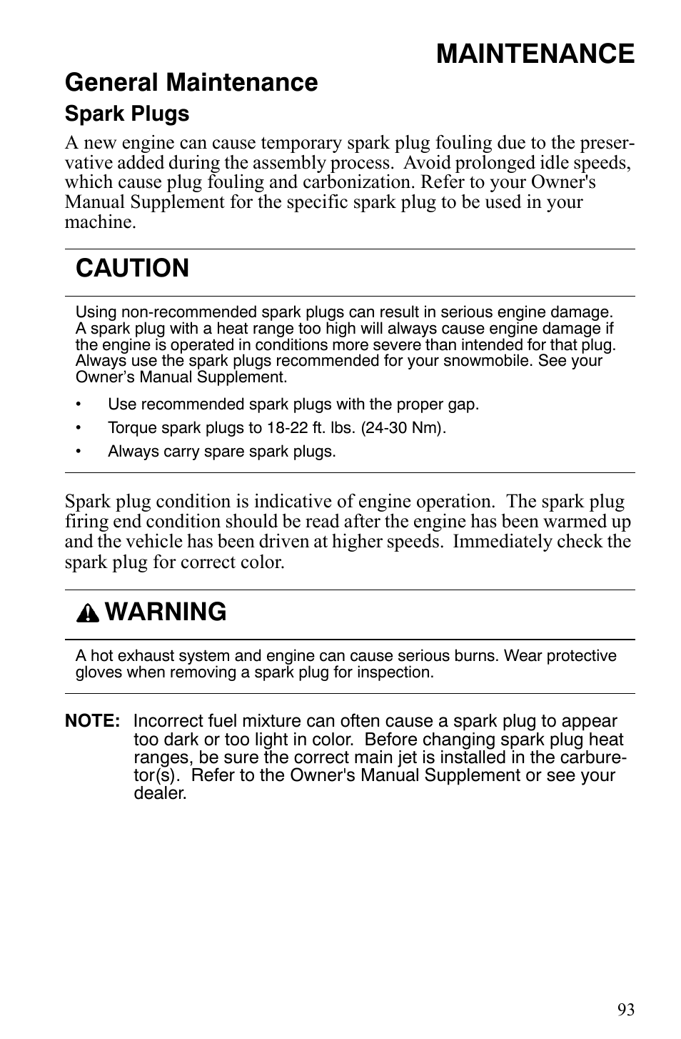 Maintenance, General maintenance, Caution | Warning, Spark plugs | Polaris 2006 Edge Snowmobiles with 121 Track User Manual | Page 96 / 157