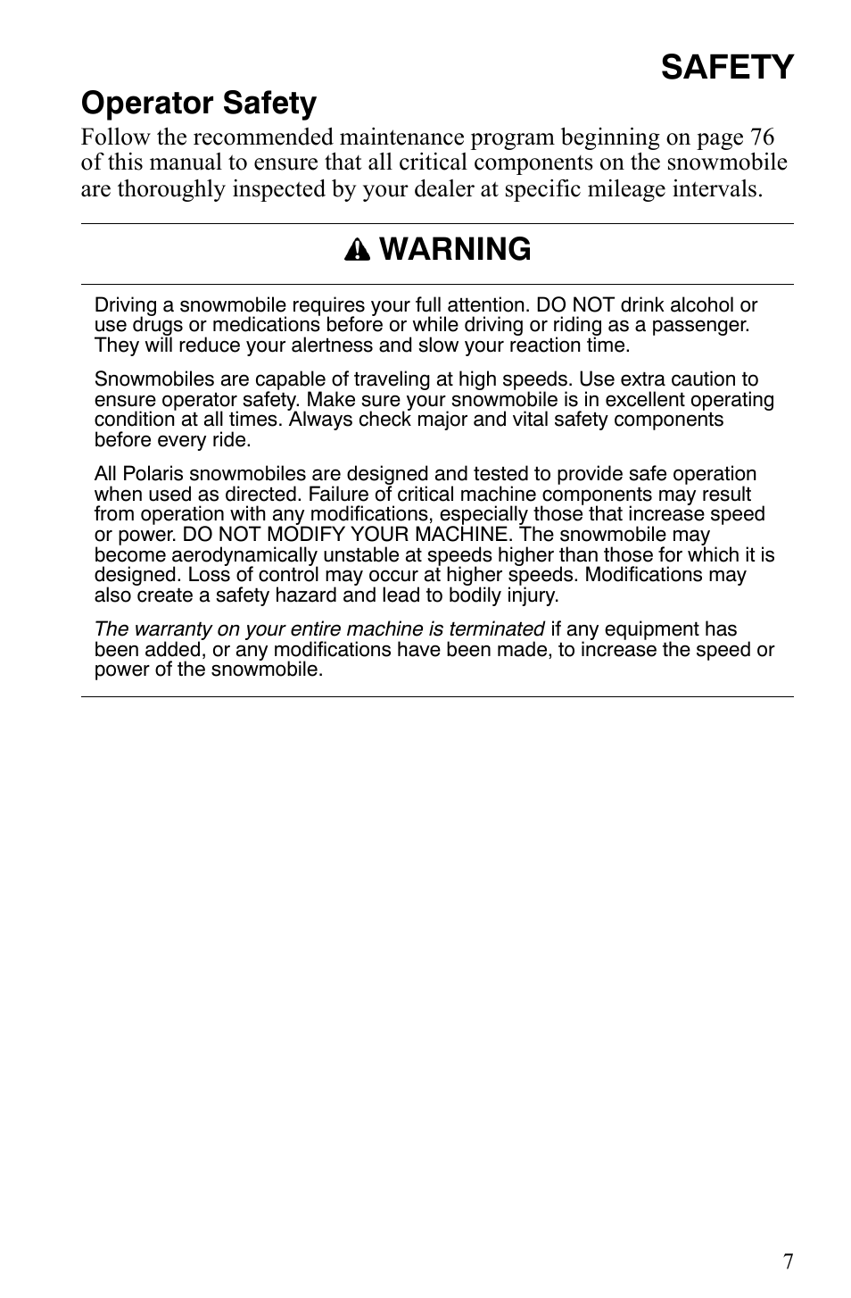 Safety, Operator safety, Warning | Polaris 2007 Dragon User Manual | Page 10 / 137