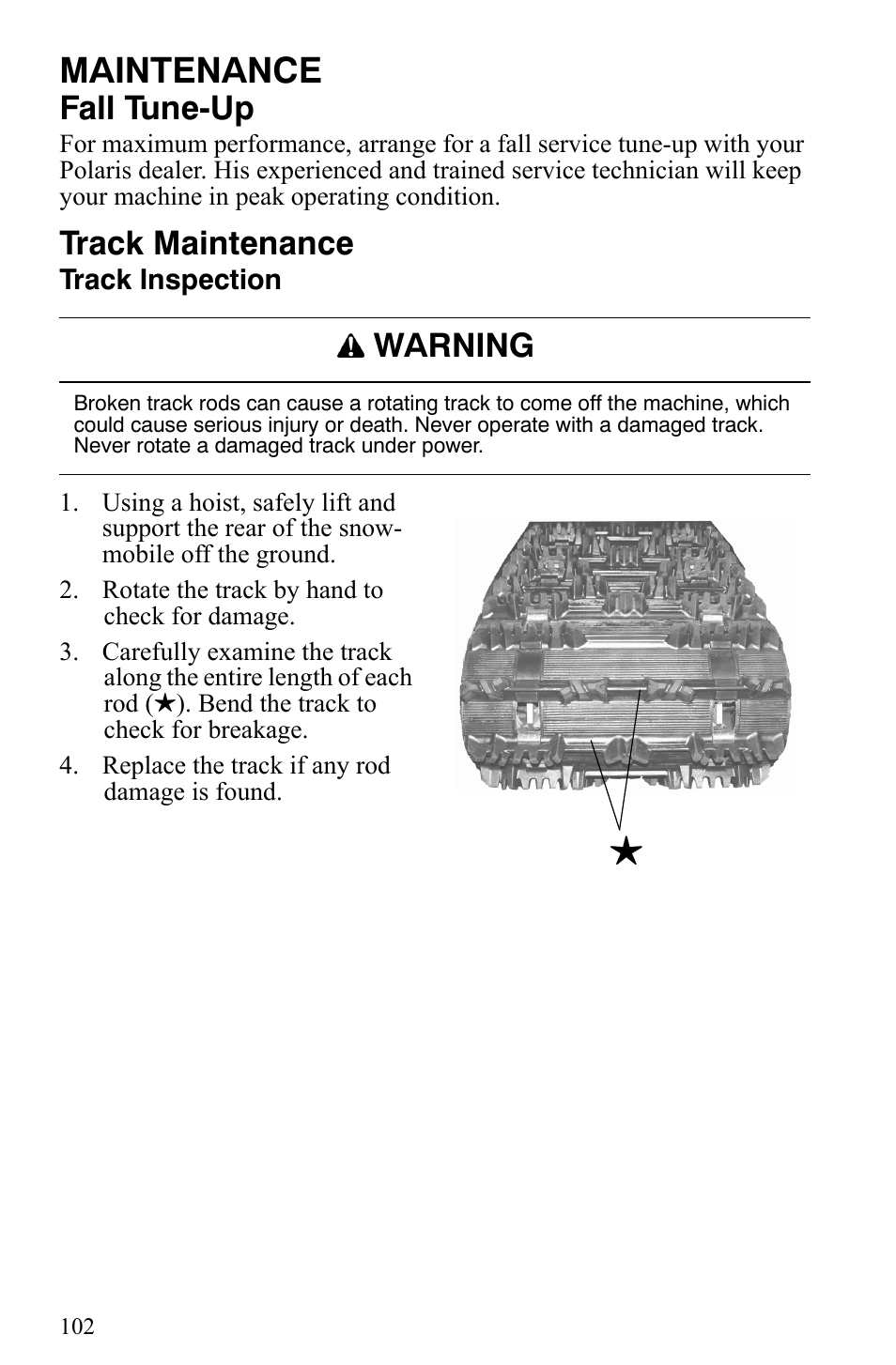 Maintenance, Fall tune-up, Track maintenance | Warning | Polaris 2007 Dragon User Manual | Page 105 / 137