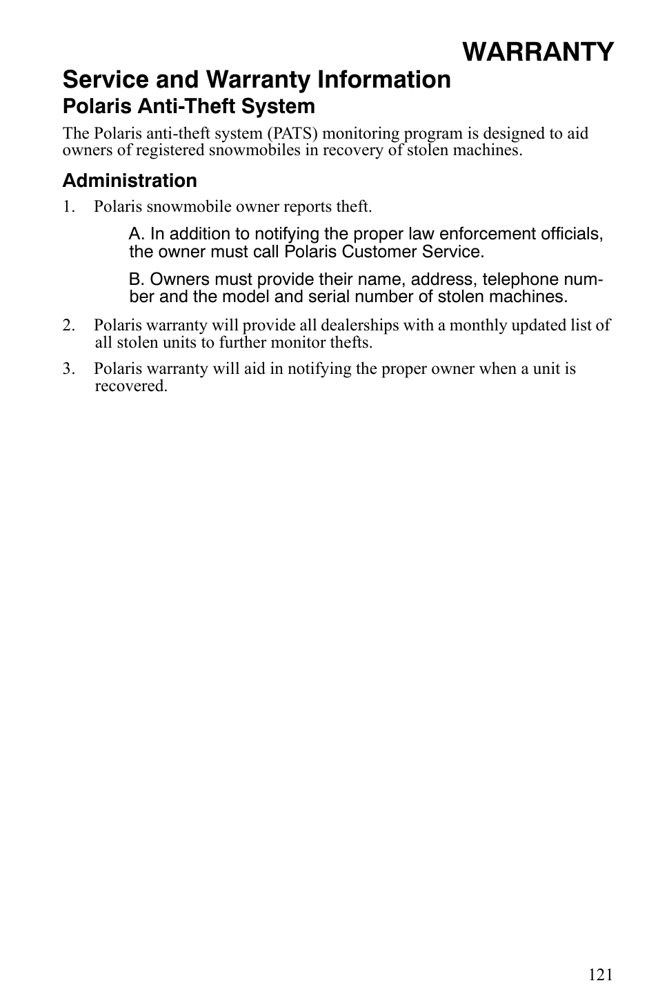 Warranty, Service and warranty information | Polaris 2007 Dragon User Manual | Page 124 / 137