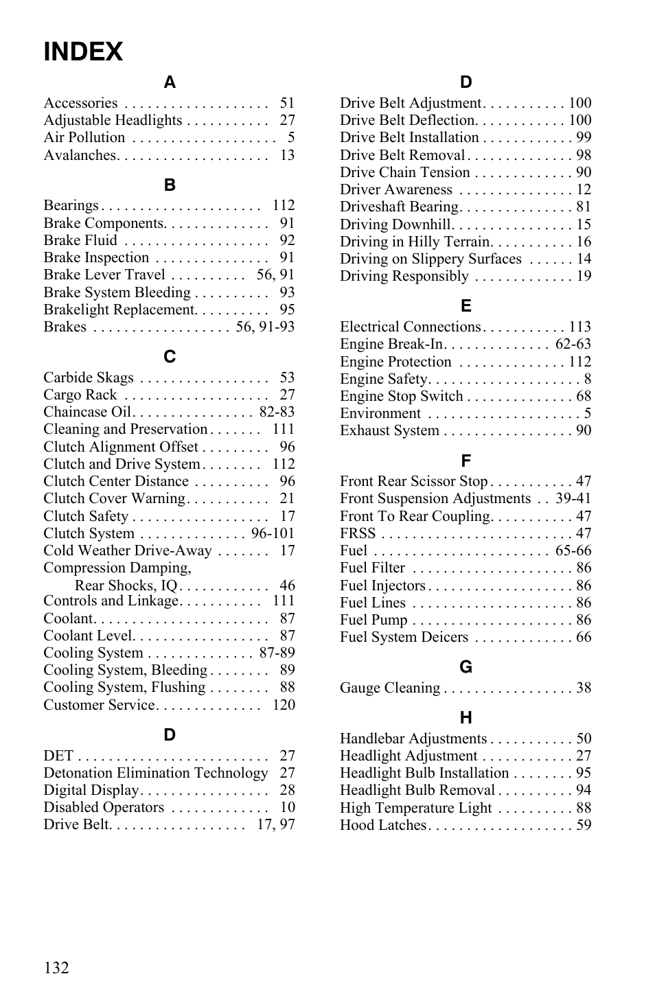 Index | Polaris 2007 Dragon User Manual | Page 135 / 137