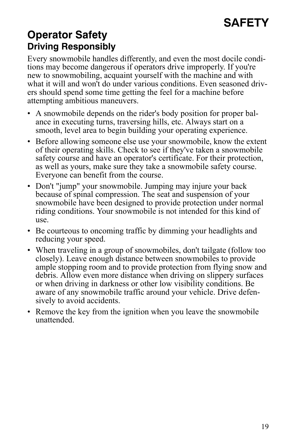 Safety, Operator safety | Polaris 2007 Dragon User Manual | Page 22 / 137