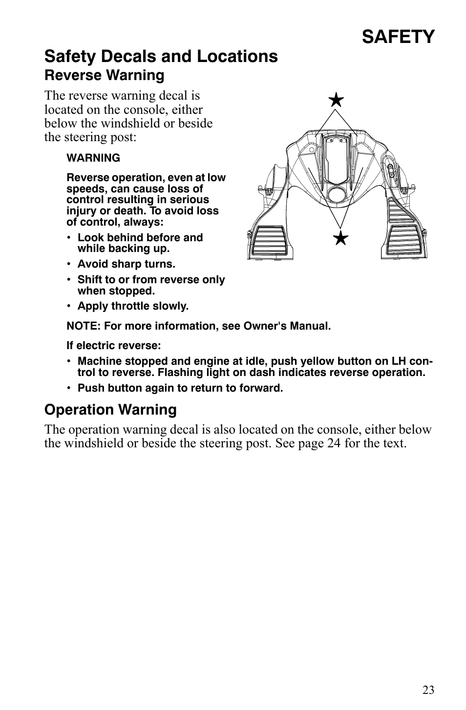 Safety, Safety decals and locations, Reverse warning | Operation warning | Polaris 2007 Dragon User Manual | Page 26 / 137