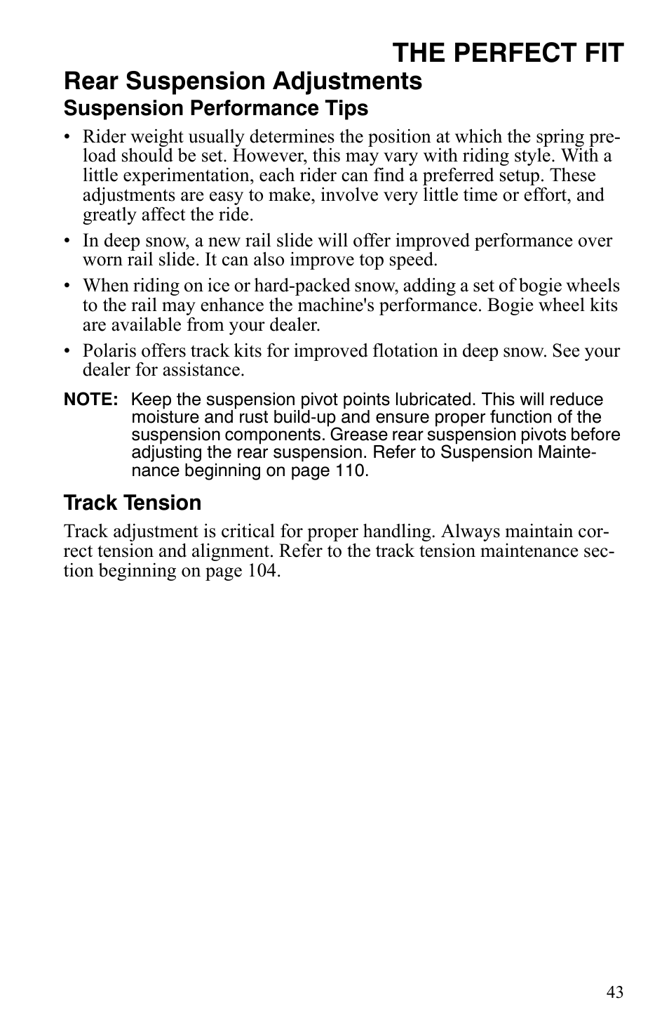 The perfect fit, Rear suspension adjustments | Polaris 2007 Dragon User Manual | Page 46 / 137