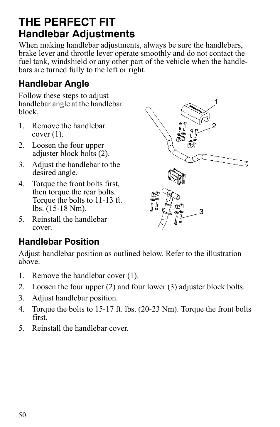 The perfect fit, Handlebar adjustments | Polaris 2007 Dragon User Manual | Page 53 / 137