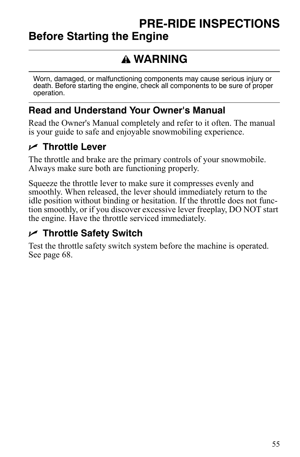 Pre-ride inspections, Before starting the engine, Warning | Polaris 2007 Dragon User Manual | Page 58 / 137