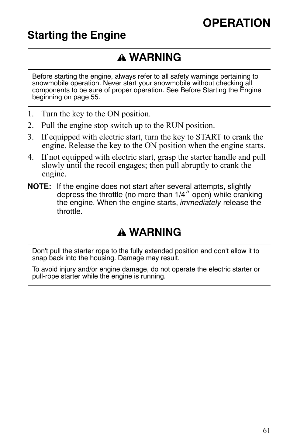 Operation, Starting the engine, Warning | Polaris 2007 Dragon User Manual | Page 64 / 137