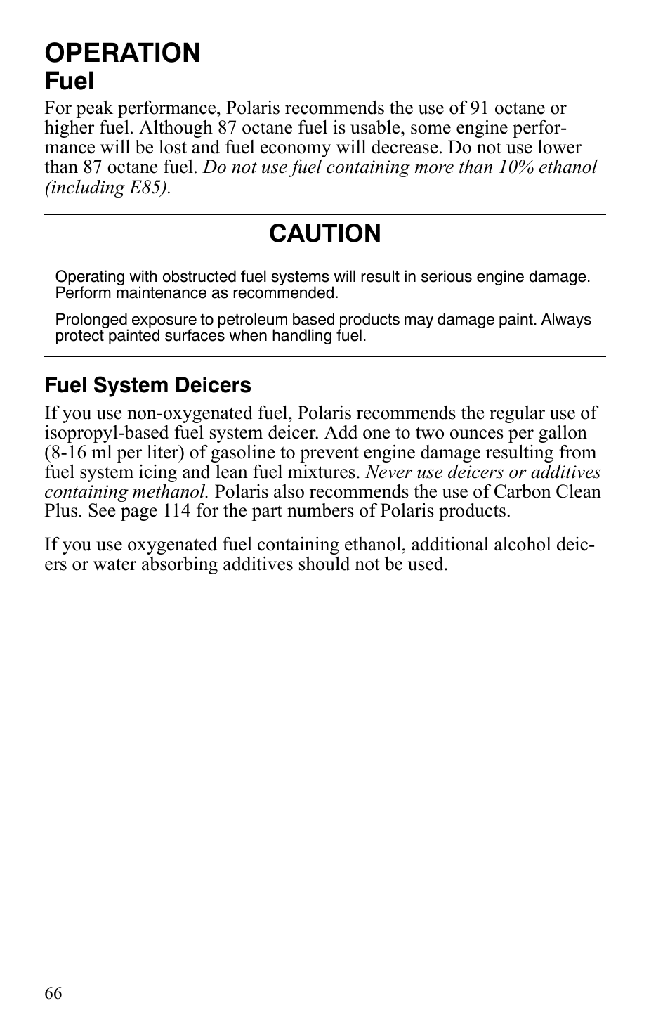 Operation, Fuel, Caution | Polaris 2007 Dragon User Manual | Page 69 / 137