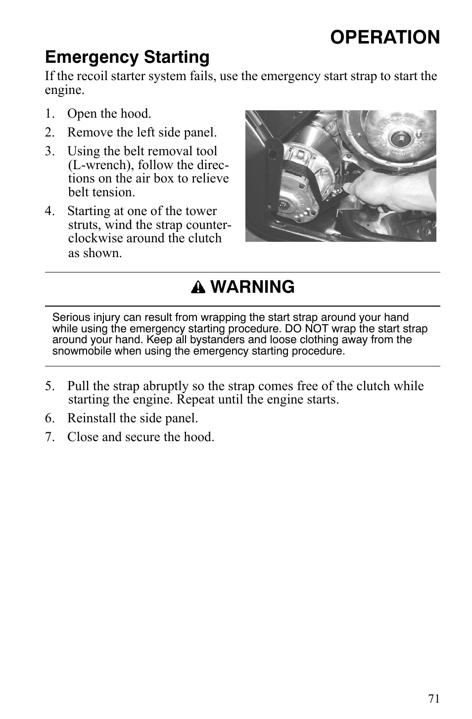 Operation, Emergency starting, Warning | Polaris 2007 Dragon User Manual | Page 74 / 137