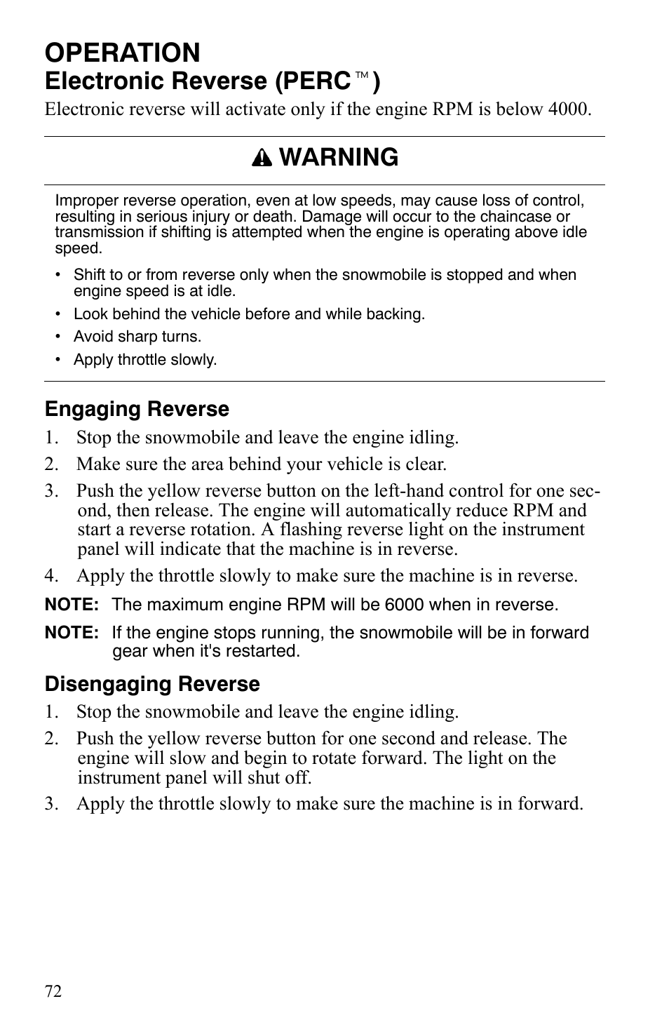 Operation, Electronic reverse (perc t ), Warning | Polaris 2007 Dragon User Manual | Page 75 / 137