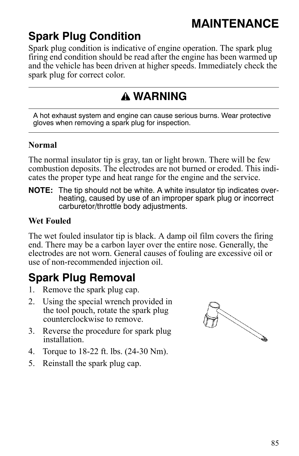 Maintenance, Spark plug condition, Spark plug removal | Warning | Polaris 2007 Dragon User Manual | Page 88 / 137