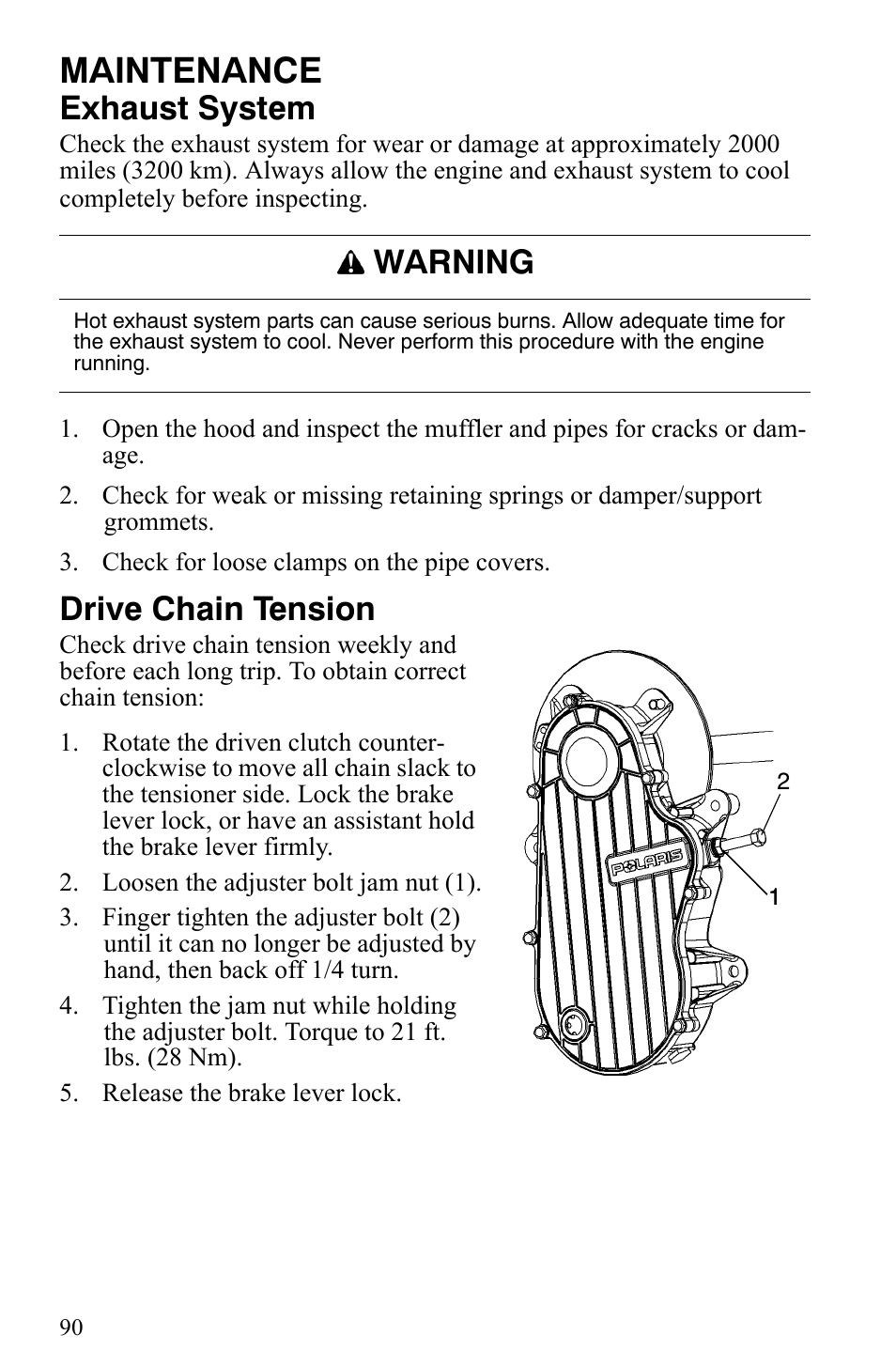 Maintenance, Exhaust system, Drive chain tension | Warning | Polaris 2007 Dragon User Manual | Page 93 / 137