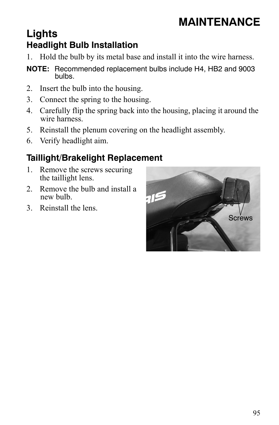 Maintenance, Lights | Polaris 2007 Dragon User Manual | Page 98 / 137