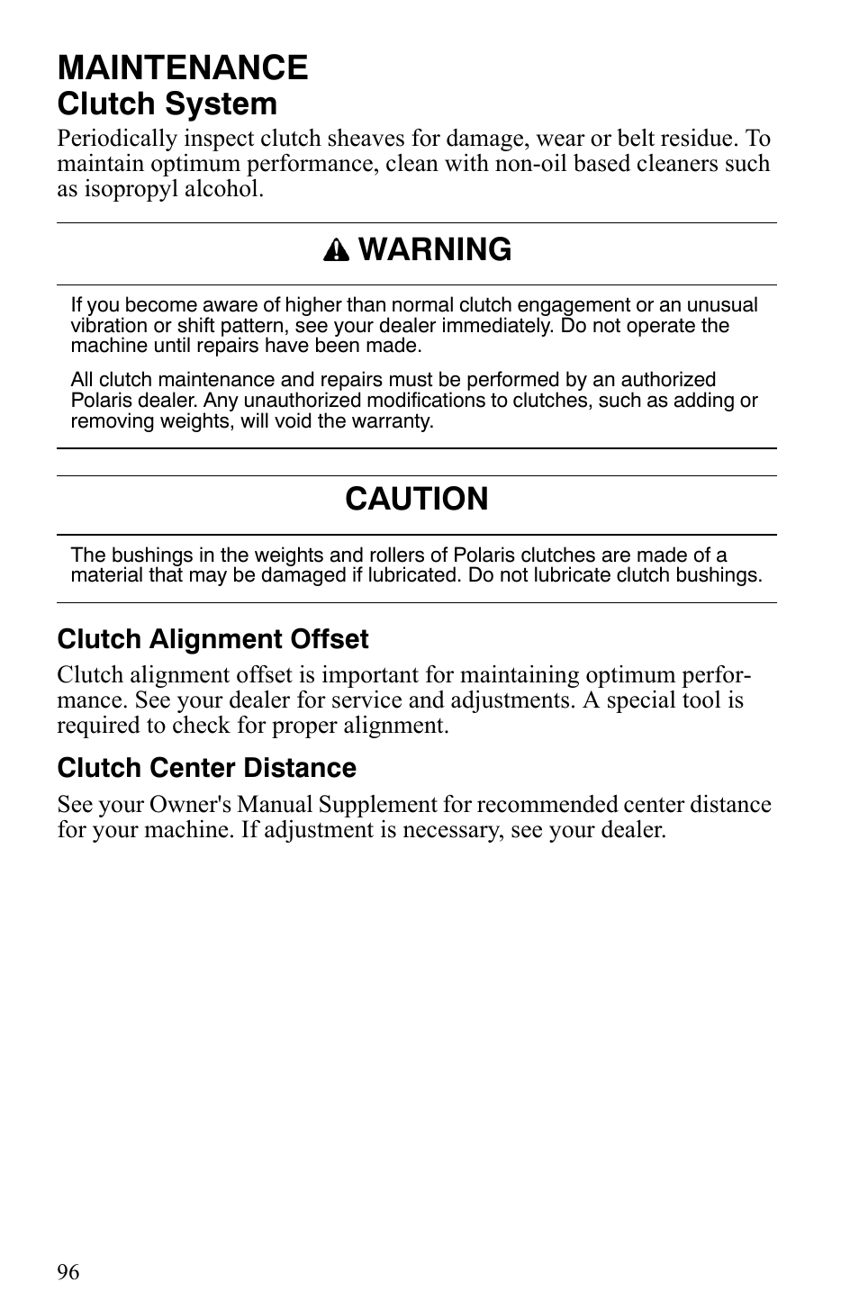 Maintenance, Clutch system, Warning | Caution | Polaris 2007 Dragon User Manual | Page 99 / 137