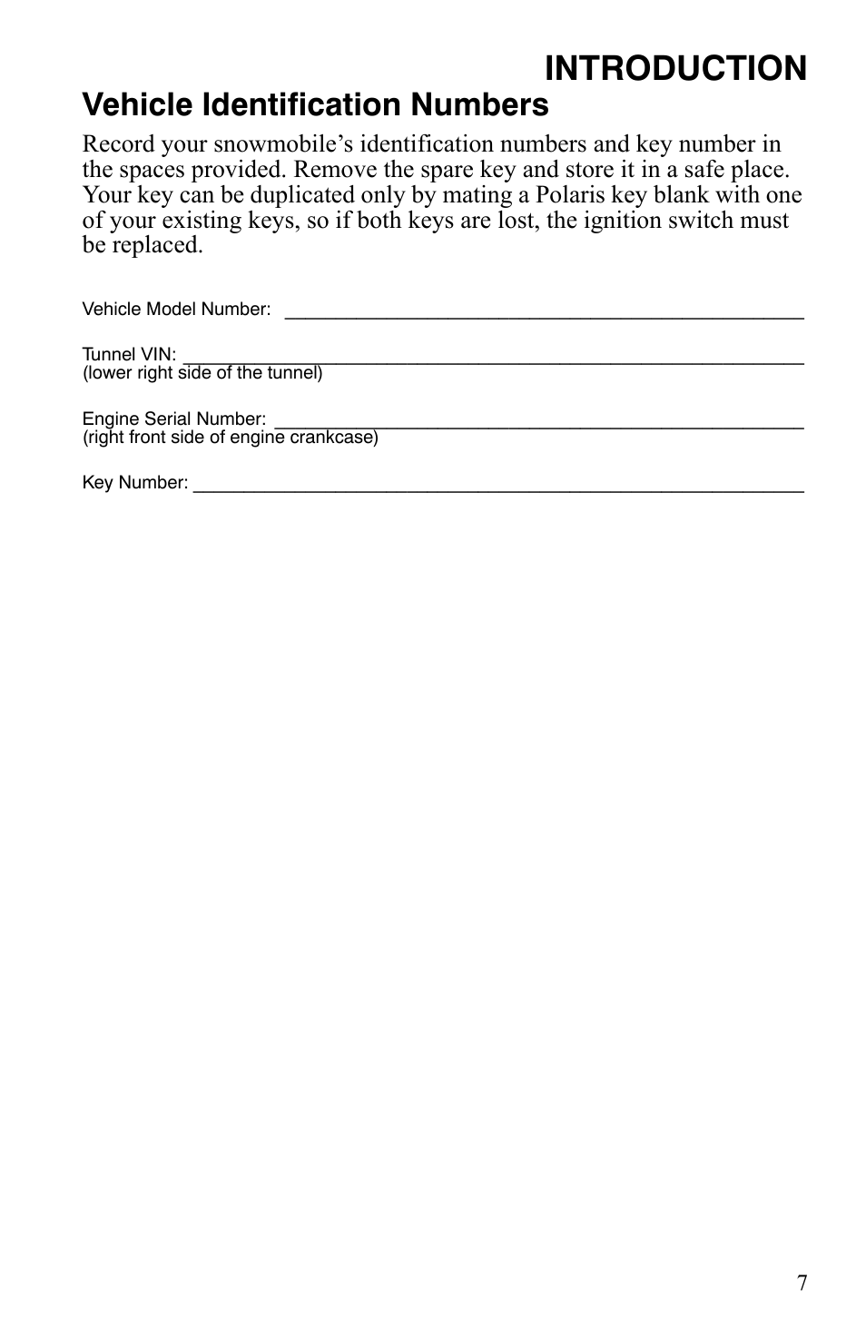 Introduction, Vehicle identification numbers | Polaris 2009 Trail RMK User Manual | Page 10 / 135