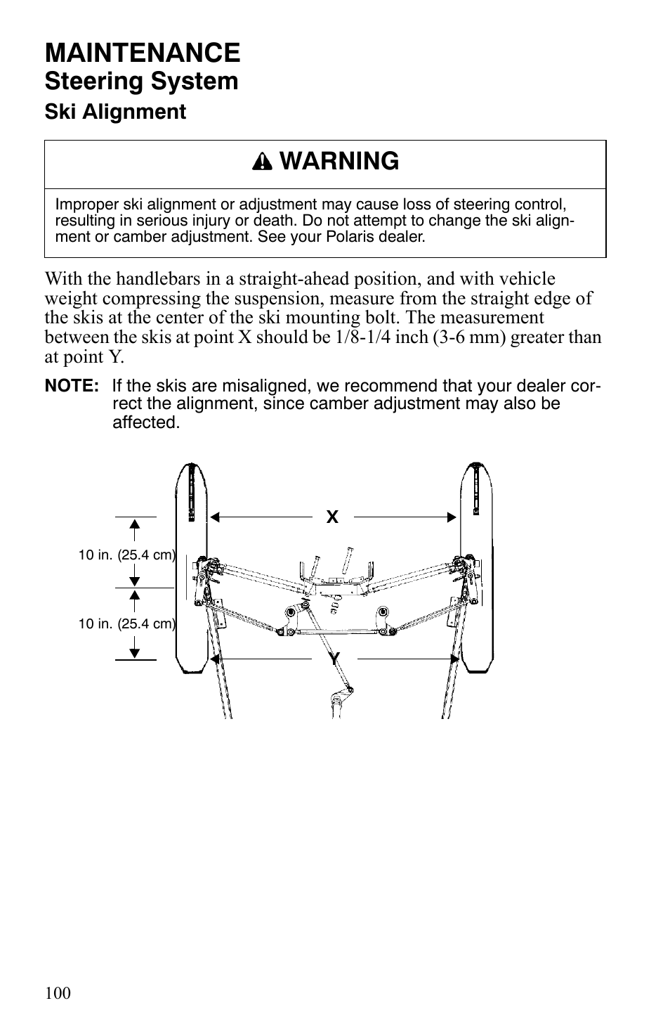 Maintenance, Steering system, Warning | Ski alignment | Polaris 2009 Trail RMK User Manual | Page 103 / 135