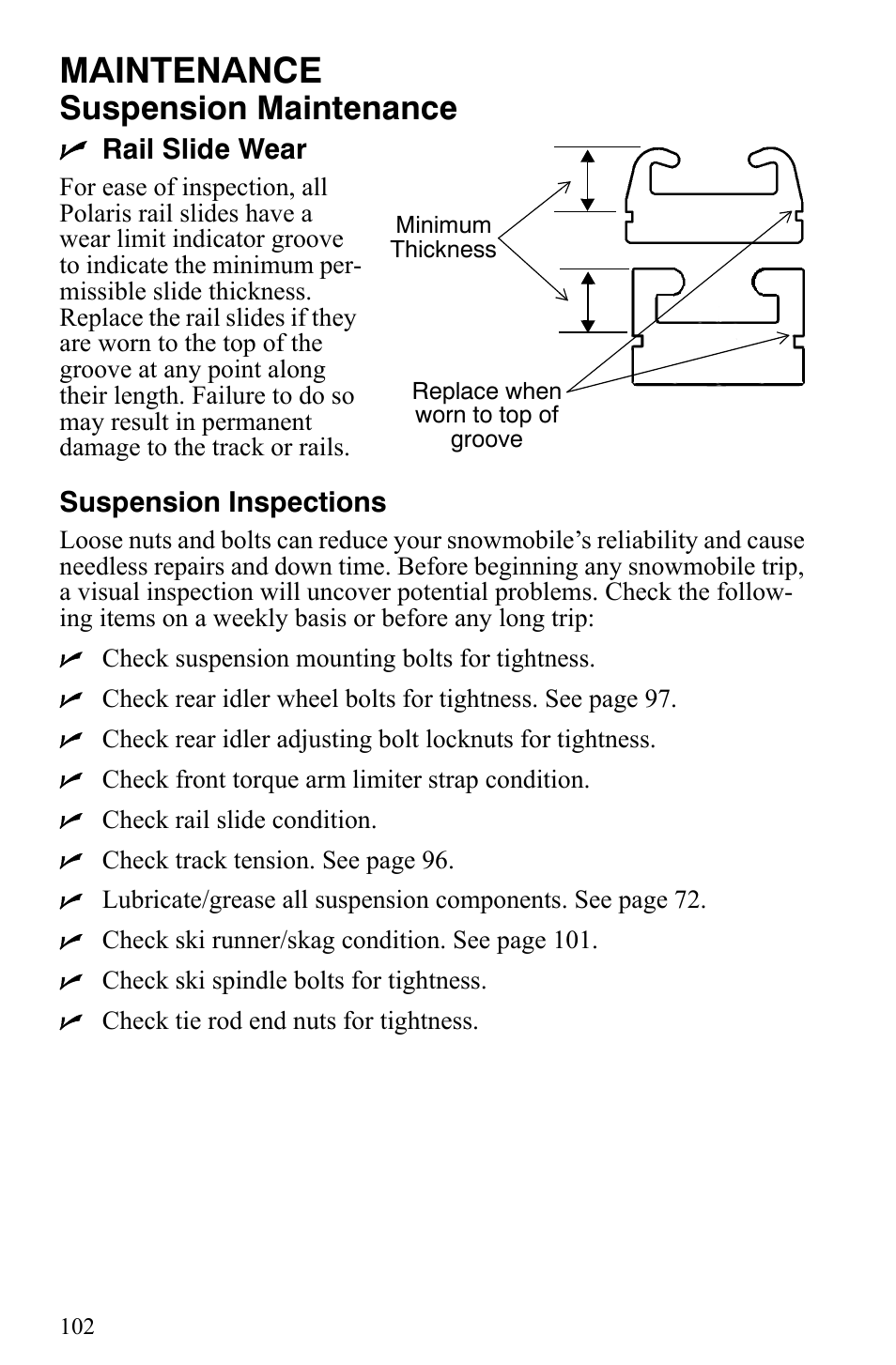 Maintenance, Suspension maintenance | Polaris 2009 Trail RMK User Manual | Page 105 / 135