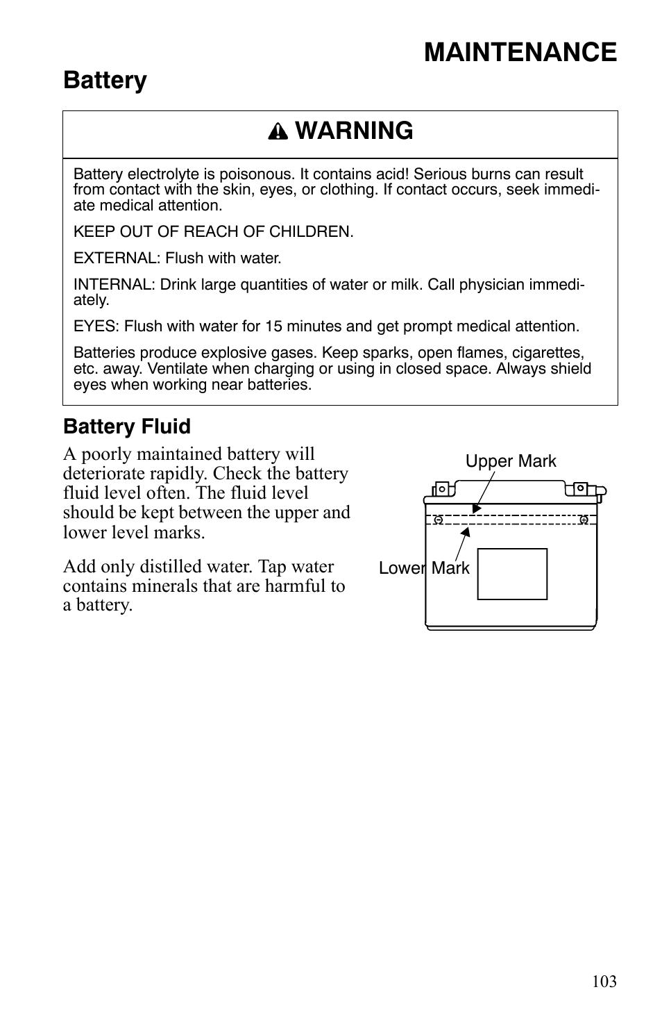 Maintenance, Battery, Warning | Polaris 2009 Trail RMK User Manual | Page 106 / 135