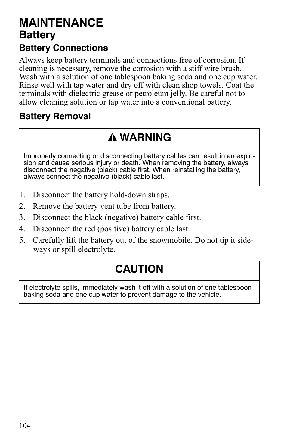 Maintenance, Battery, Warning | Caution | Polaris 2009 Trail RMK User Manual | Page 107 / 135