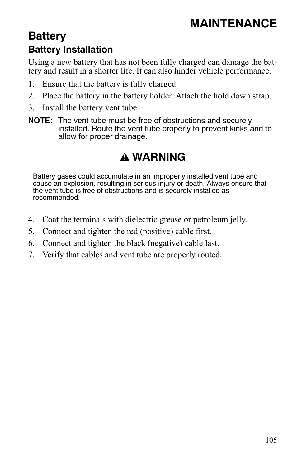 Maintenance, Battery, Warning | Polaris 2009 Trail RMK User Manual | Page 108 / 135