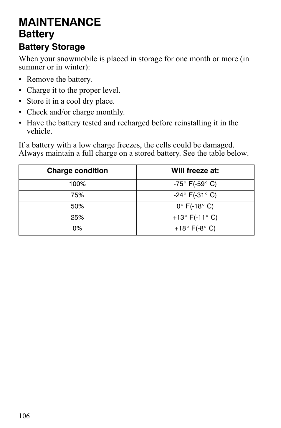 Maintenance, Battery, Battery storage | Polaris 2009 Trail RMK User Manual | Page 109 / 135