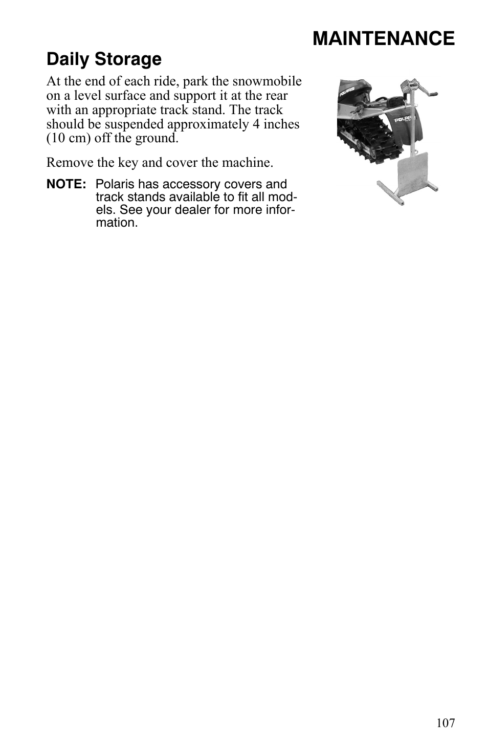 Maintenance, Daily storage | Polaris 2009 Trail RMK User Manual | Page 110 / 135