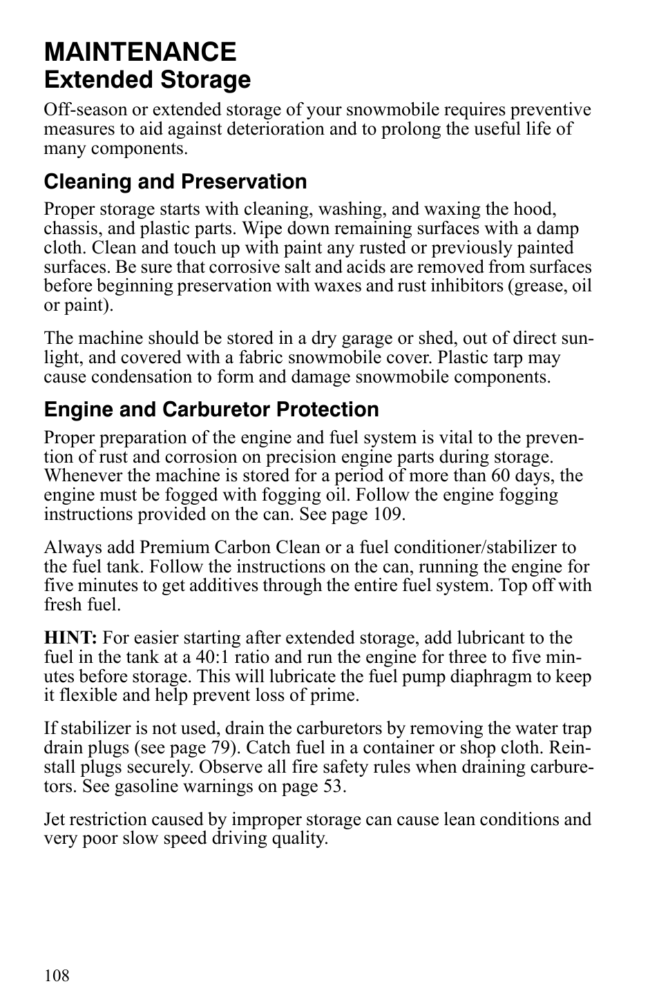 Maintenance, Extended storage | Polaris 2009 Trail RMK User Manual | Page 111 / 135