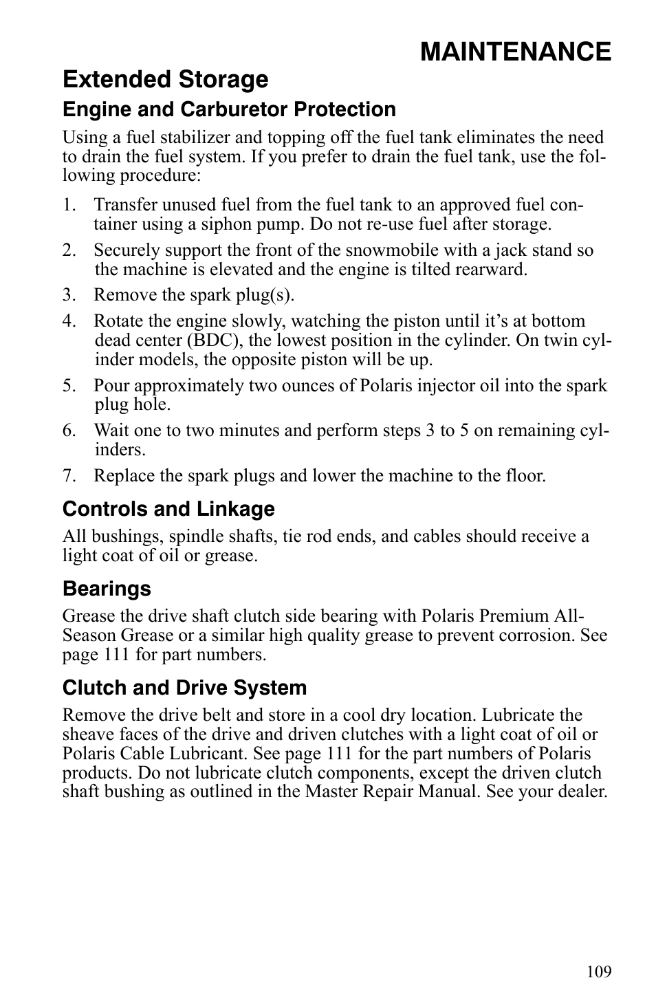 Maintenance, Extended storage | Polaris 2009 Trail RMK User Manual | Page 112 / 135