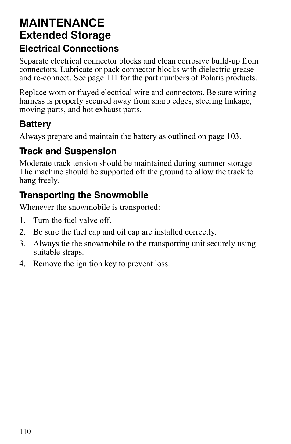 Maintenance, Extended storage | Polaris 2009 Trail RMK User Manual | Page 113 / 135