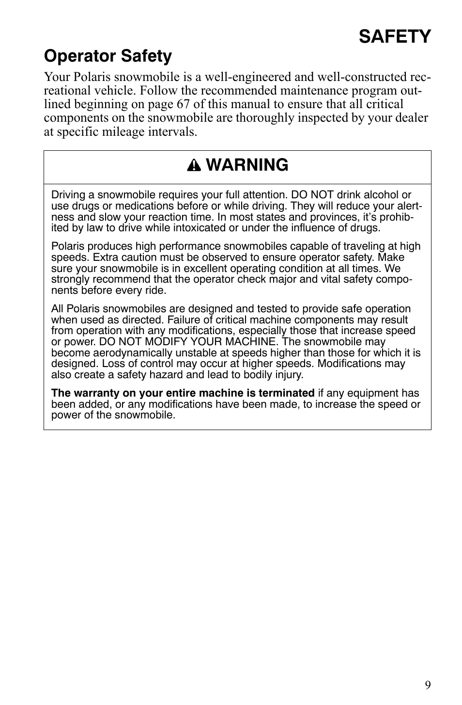 Safety, Operator safety, Warning | Polaris 2009 Trail RMK User Manual | Page 12 / 135