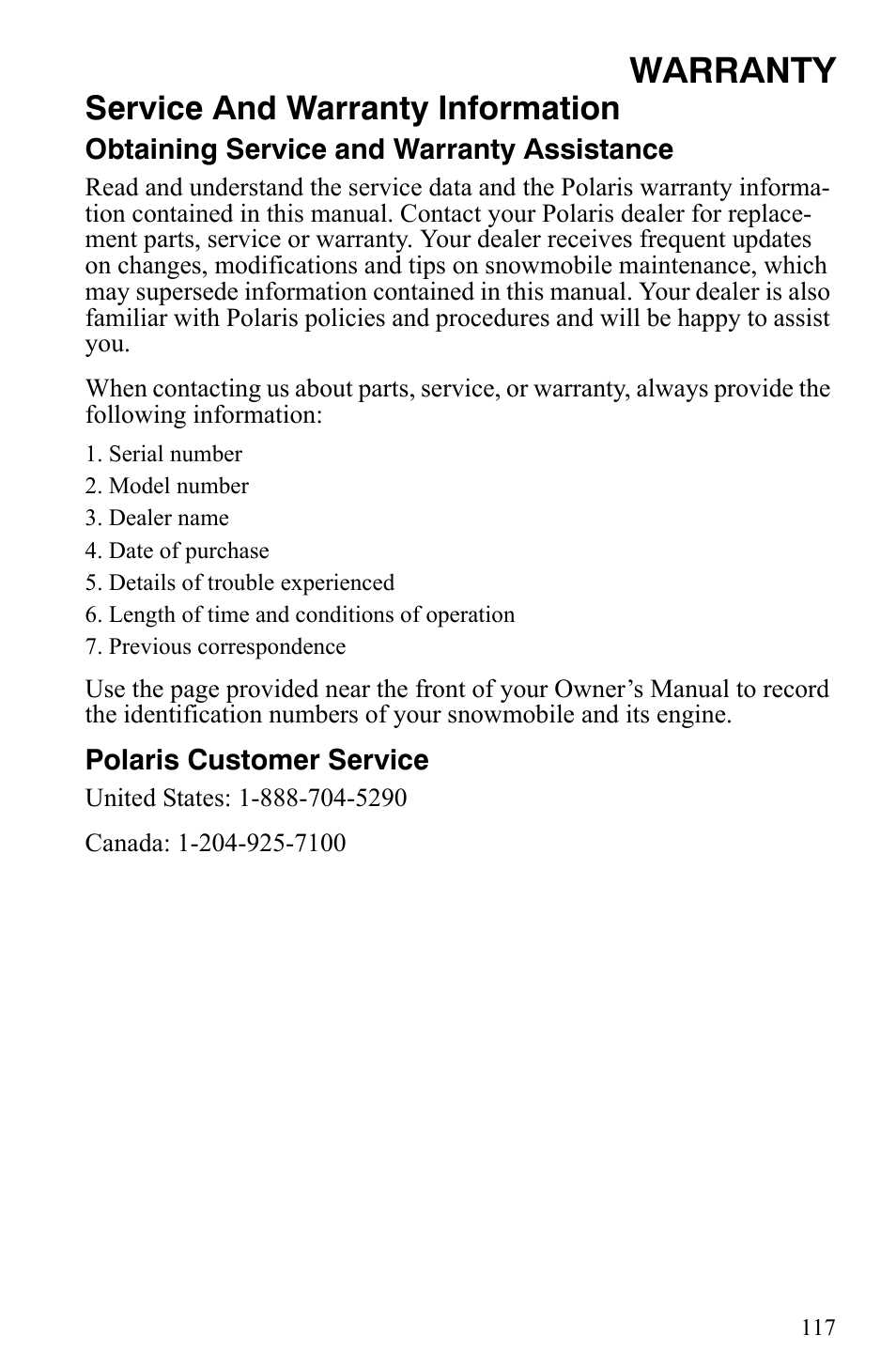 Warranty, Service and warranty information | Polaris 2009 Trail RMK User Manual | Page 120 / 135