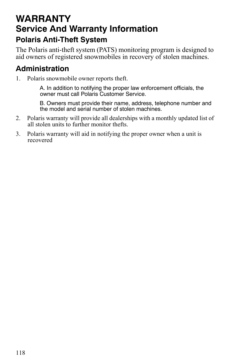 Warranty, Service and warranty information, Polaris anti-theft system | Administration | Polaris 2009 Trail RMK User Manual | Page 121 / 135